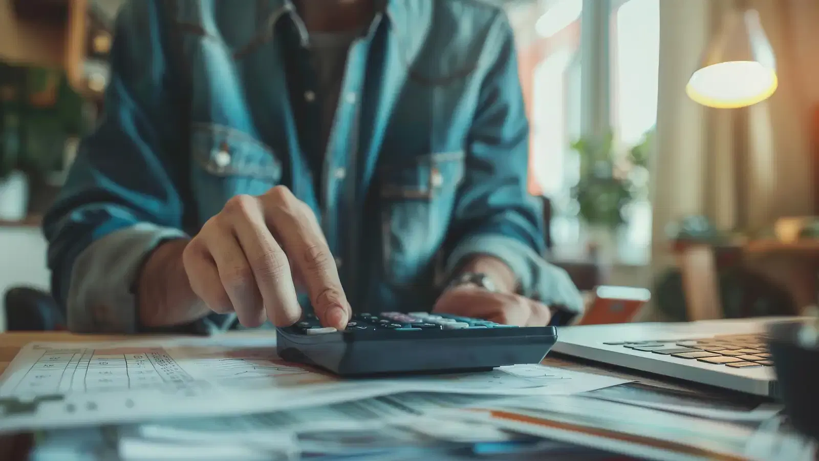 Persona usa una calculadora financiera junto a su laptop