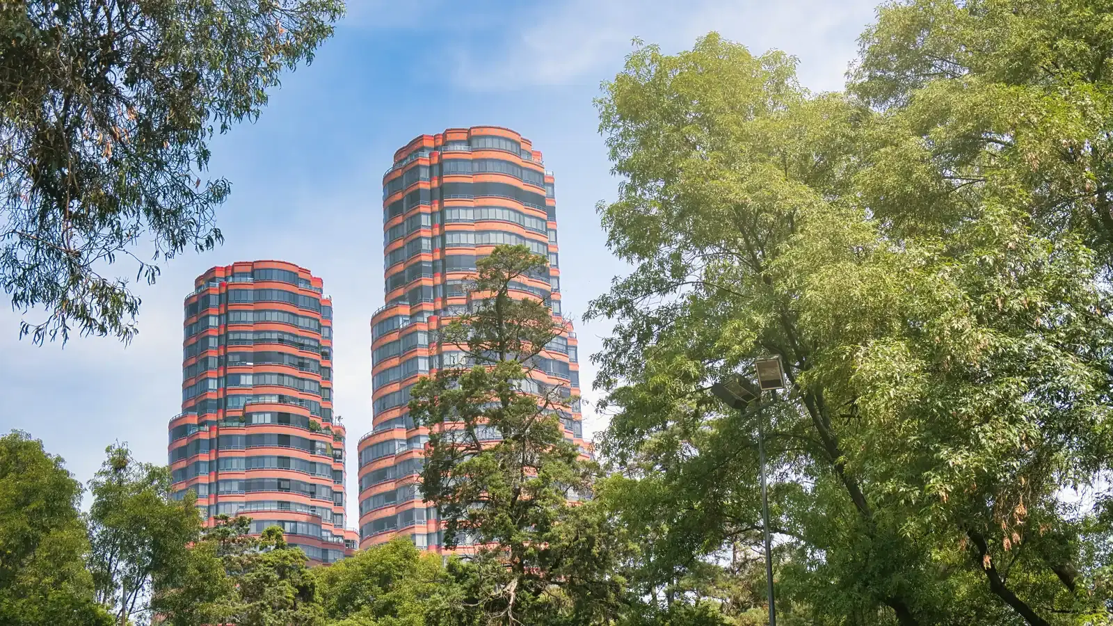 Torres de departamentos Residencial del Bosque entre árboles en la Ciudad de México