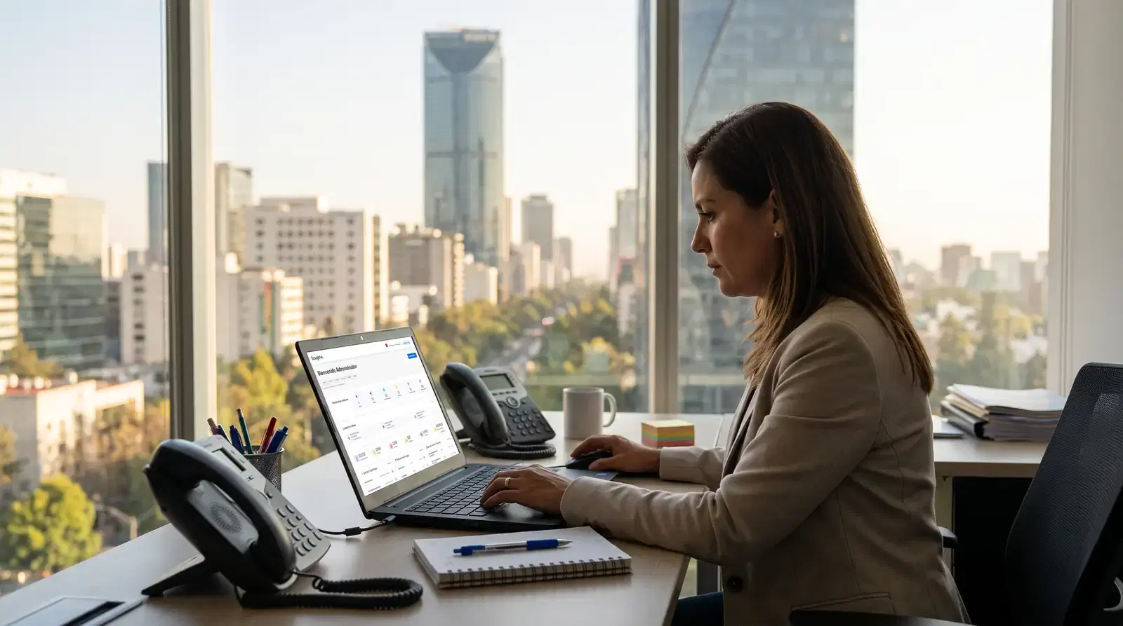 Administradora de condominios trabaja en su laptop en una oficina con vista a la Ciudad de México