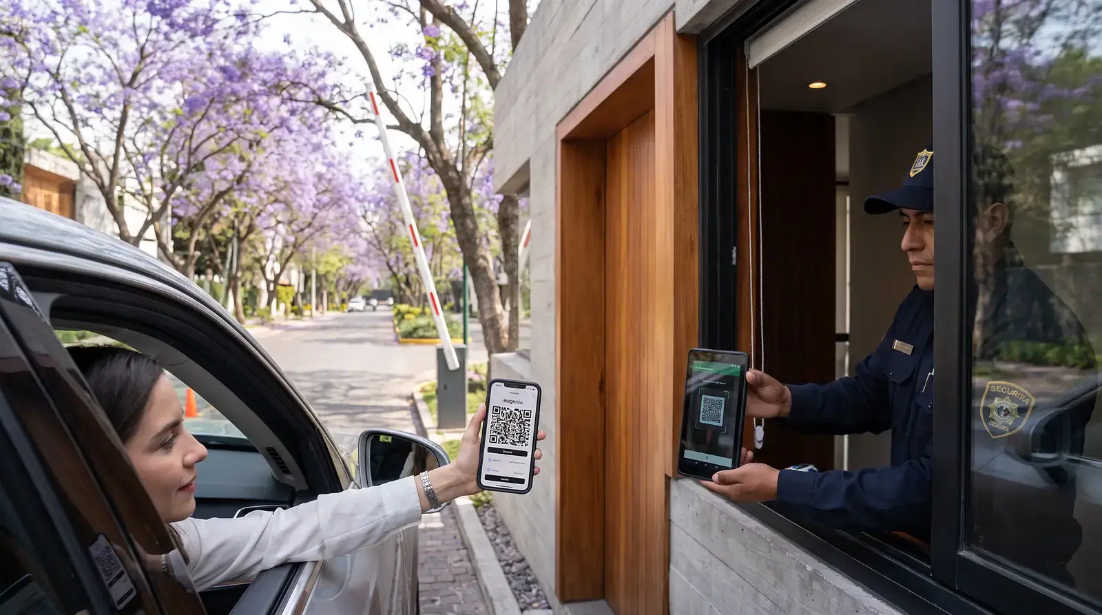Residente muestra un pase QR desde su auto al guardia en la caseta de acceso del condominio