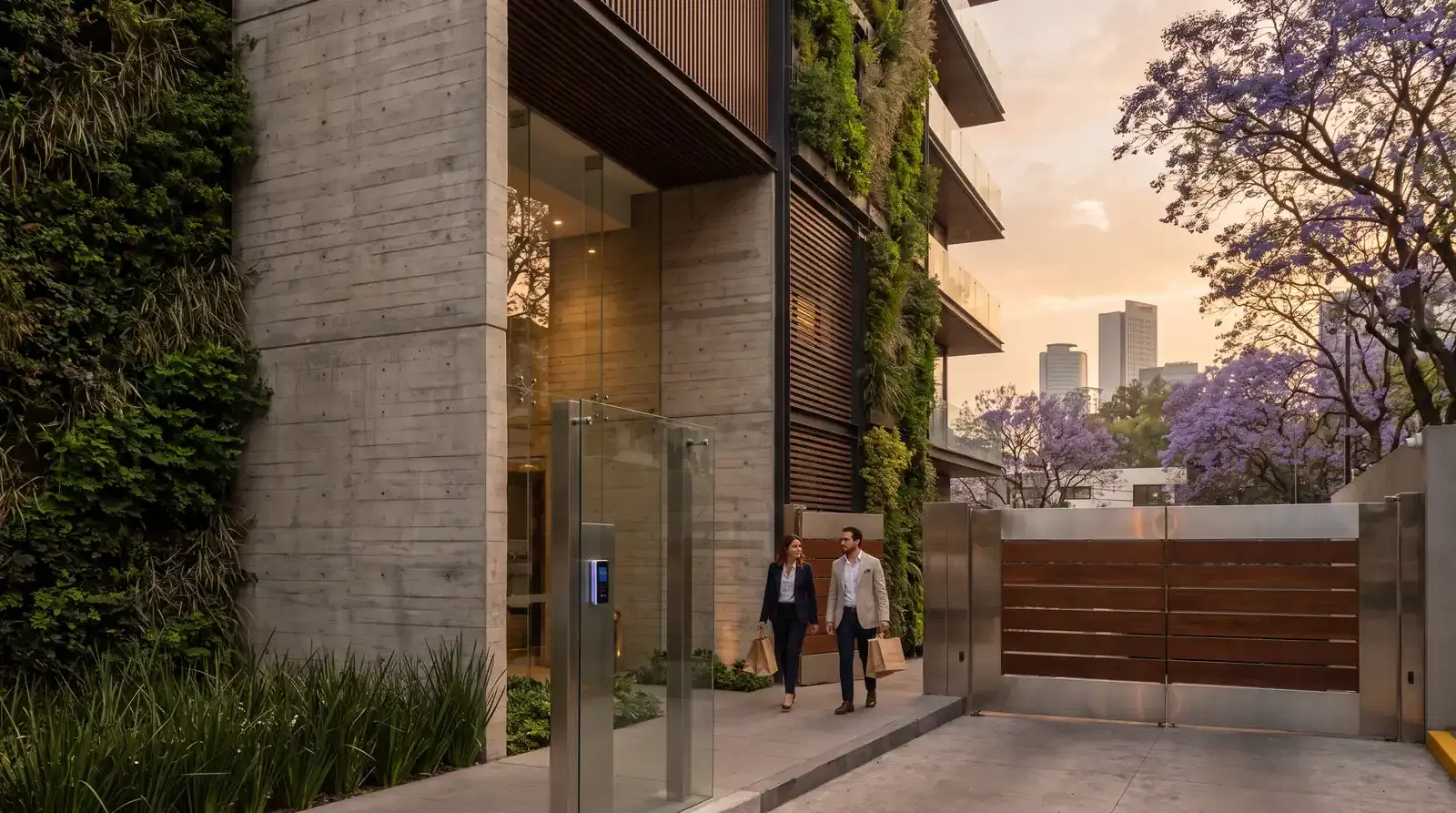 Residentes entran caminando a un edificio residencial con jacarandas en la Ciudad de México