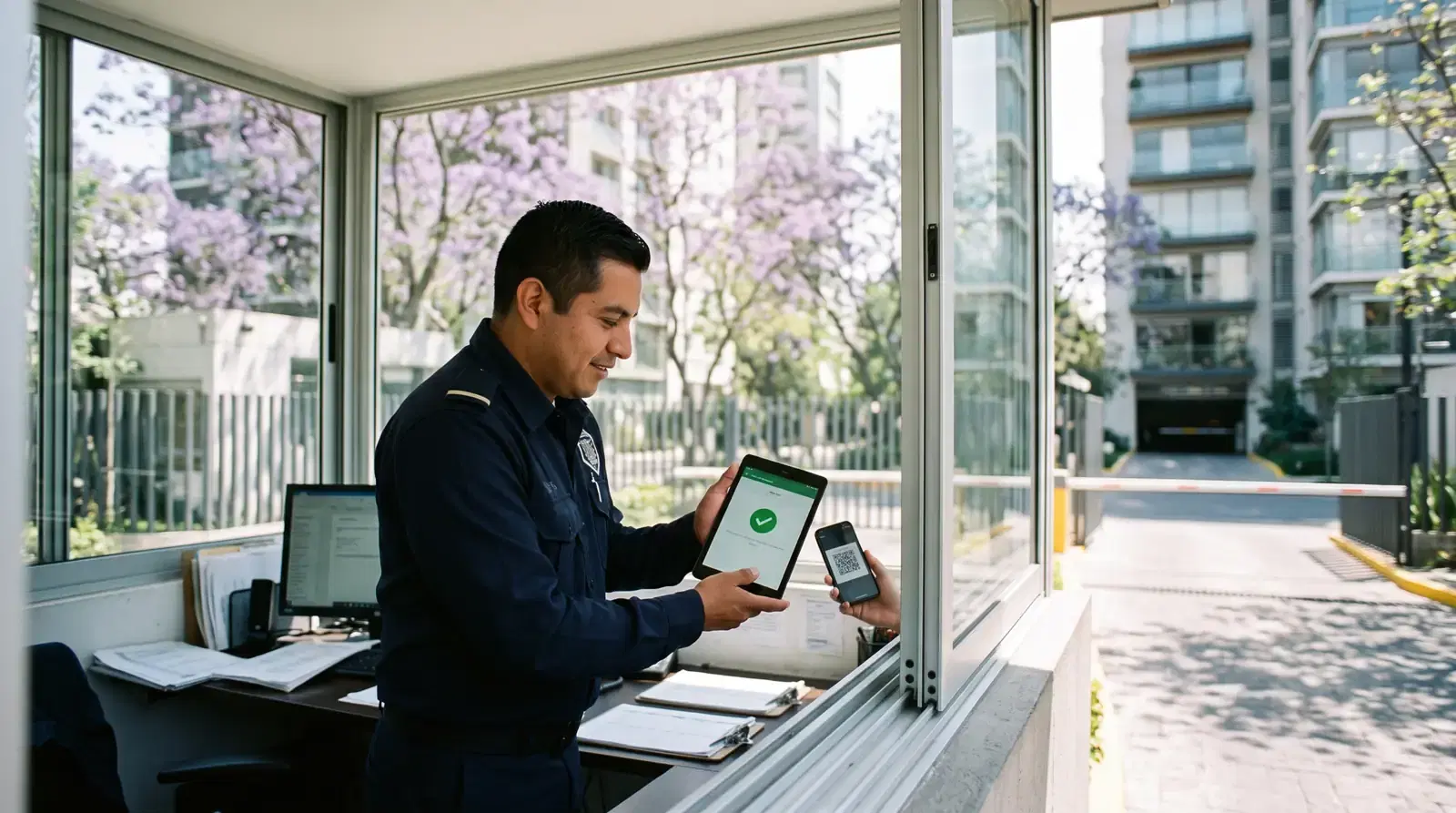 Guardia de seguridad valida en su tableta el código QR de un visitante desde la caseta