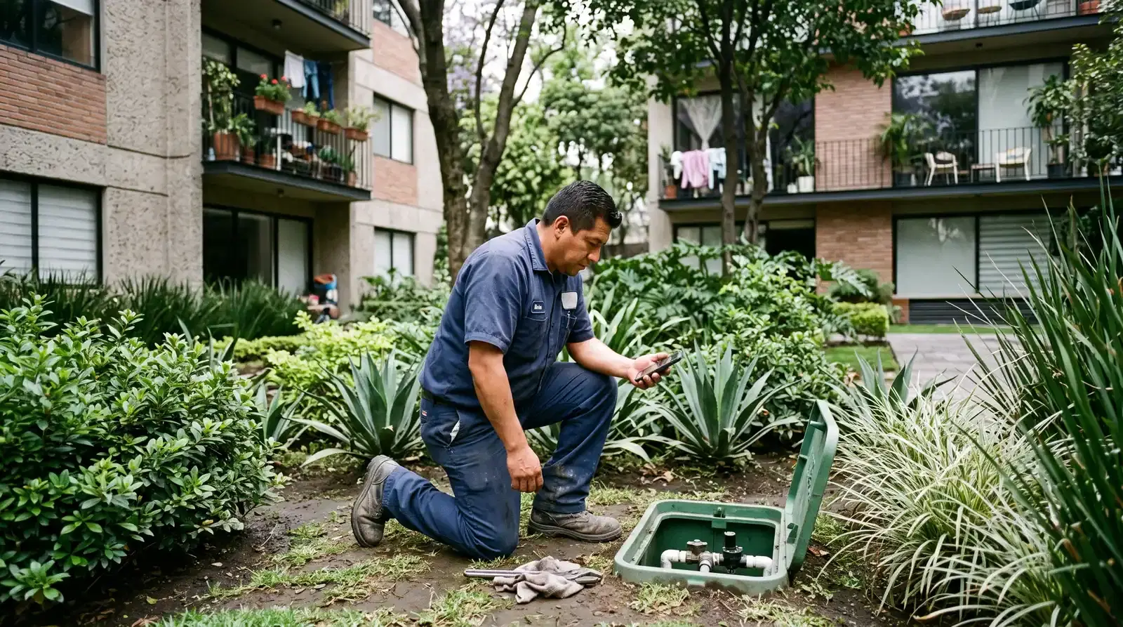 Técnico de mantenimiento revisa en su celular un ticket mientras repara el riego del jardín del condominio